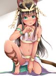  animal_ears armlet bare_shoulders barefoot bastet_(p&amp;d) black_hair blush breasts cat_ears cat_tail dark_skin drooling fang gold green_eyes heart heart-shaped_pupils highres hime_cut long_hair looking_at_viewer navel one_knee open_mouth pussy pussy_juice pussy_juice_trail puzzle_&amp;_dragons sidelocks silver_(chenwen) small_breasts solo symbol-shaped_pupils tail tiara uncensored 