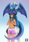  animal_humanoid anthro big_breasts blush boob_hat breasts canine clothing dog dog_humanoid dragon duo eyes_closed female horn humanoid legwear looking_up male mammal membranous_wings nipples nude rirouku size_difference thigh_highs wings 