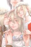  4girls age_difference bad_id bad_pixiv_id blonde_hair christa_renz flower hair_between_eyes hand_on_another's_head happy head_out_of_frame head_tilt holding_hands interlocked_fingers multiple_girls multiple_persona older out_of_frame shingeki_no_kyojin short_hair time_paradox tobii_(tbtbi) wreath ymir_(shingeki_no_kyojin) younger 