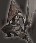  fighting_stance helmet holding holding_sword holding_weapon left-handed male_focus monster muscle pyramid pyramid_head shirtless silent_hill silent_hill_(movie) silent_hill_2 solo spread_legs standing sword weapon 