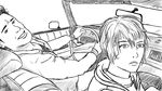  1girl car chair copyright_request drawfag driving father_and_daughter glass greyscale ground_vehicle harry_mason heather_mason highres looking_at_viewer mirror monochrome motor_vehicle parody short_hair silent_hill silent_hill_1 silent_hill_3 source_request steering_wheel vest 