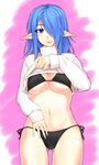  bikini black_bikini blue_eyes blue_hair blush clothes_lift commentary_request hair_over_one_eye long_hair looking_at_viewer navel original panties phantasy_star phantasy_star_online_2 pointy_ears ryou@ryou side-tie_panties smile solo sweater sweater_lift swimsuit turtleneck underwear 
