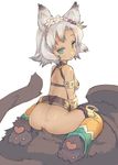  animal_ears ass back bare_shoulders blade_(galaxist) bottomless erune flower from_behind fur granblue_fantasy green_eyes hair_flower hair_ornament jpeg_artifacts looking_at_viewer looking_back melleau paw_shoes shoes silver_hair simple_background solo tail thighhighs white_background 