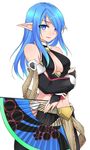  alph_lyla arm_across_waist bare_shoulders blue_eyes blue_hair breasts bridal_gauntlets cleavage cleavage_cutout commentary_request detached_sleeves fan folding_fan hair_over_one_eye halter_top halterneck highres hip_vent large_breasts long_hair looking_at_viewer midriff navel original phantasy_star phantasy_star_online_2 pointy_ears ryou@ryou sidelocks simple_background smile solo white_background 