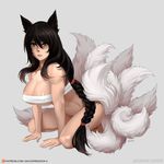  ahri all_fours animal_ears areola_slip areolae black_hair bottomless braid breasts brown_eyes budget_sarashi cleavage commentary fox_ears fox_tail full_body gao_(gaolukchup) highres kneeling large_breasts league_of_legends long_hair md5_mismatch multiple_tails patreon_logo patreon_username sarashi single_braid solo tail underboob very_long_hair watermark web_address whiskers work_in_progress 