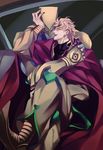  black_nails blonde_hair cape crossed_legs dio_brando fingernails foreshortening headband hug hug_from_behind jojo_no_kimyou_na_bouken knee_pads lipstick makeup male_focus nail_polish ninoyoru pointy_shoes purple_lipstick scar sharp_fingernails shoes stand_(jojo) stardust_crusaders the_world turtleneck 