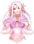  artist_name au_ra breasts cleavage dragon_horns facial_mark final_fantasy final_fantasy_xiv forehead_mark heart heart_hands highres horns large_breasts long_hair momo-deary navel purple_eyes signature solo upper_body white_hair 