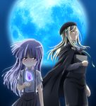  bangs beret blonde_hair blue_hair book bow cape child furude_rika hat higurashi_no_naku_koro_ni holding holding_book kakera lila_(artist) long_hair moon multiple_girls night night_sky official_style pantyhose parted_bangs parted_lips pencil_skirt purple_eyes ribbon school_uniform shaded_face skirt sky smile suspenders takano_miyo 