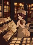  apron bakery bell brown_eyes brown_hair cake certificate checkered checkered_floor city city_lights clipboard cupcake door dress fence food gradient_eyes hat indoors multicolored multicolored_eyes night original pen room sepia shop short_dress short_hair short_sleeves smile solo uwa_(u_w001) wagashi window yellow_eyes 