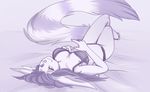  big_ears big_tail bow bra breasts clothing crossed_legs female fur hair looking_at_viewer lumi_(snowyzi) lying mammal monochrome on_back ring-tailed_cat simple_background snowyzi solo underwear white_fur 