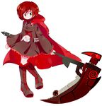  bad_deviantart_id bad_id behind_back belt black_footwear boots cape cross-laced_footwear dress flower highres hood lace-up_boots mistercakerz no_legwear red_hair rose ruby_rose rwby scythe short_hair silver_eyes skirt smile solo weapon 