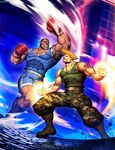  abs american_flag bared_teeth battle black_hair blonde_hair boots boxing_gloves camouflage camouflage_pants combat_boots dark_skin dark_skinned_male dog_tags duel genzoman guile m_bison male_focus manly missing_tooth multiple_boys muscle pants shorts sonic_boom street_fighter tank_top tattoo thigh_pouch 