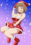  blush boots breasts brown_eyes brown_hair christmas cleavage gloves hat idolmaster idolmaster_cinderella_girls large_breasts marugoshi_teppei mimura_kanako open_mouth red_footwear red_gloves santa_boots santa_costume santa_hat short_hair solo 