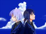  ahoge back-to-back black_hair blue_sky cloud day honebami_toushirou male_focus multiple_boys namazuo_toushirou necktie nemuricha profile purple_eyes sky smile touken_ranbu upper_body white_hair 