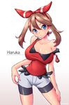  :&lt; artist_name bare_arms bare_shoulders bike_shorts bike_shorts_under_shorts blue_eyes blush breasts brown_hair character_name cleavage contrapposto gradient gradient_background hair_between_eyes hair_ribbon hand_on_hip haruka_(pokemon) highres large_breasts looking_at_viewer off_shoulder pokemon pokemon_(game) pokemon_oras ranken red_ribbon red_shirt ribbon shiny shiny_skin shirt short_hair shorts sidelocks simple_background skin_tight sleeveless solo standing strap_slip sweat sweatdrop tank_top white_background white_shorts 