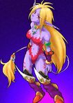  animal_ears bare_shoulders blonde_hair blue_skin boots breasts breath_of_fire breath_of_fire_ii capcom full_body furry no_panties no_pants pointy_ears red_eyes rinpoo_chuan short_hair simple_background solo tail tare_(hiden_no_tare) 
