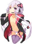  collarbone finger_to_mouth flat_chest headphones jacket long_hair looking_at_viewer microphone miruto_netsuki navel panties parted_lips purple_eyes purple_hair purple_legwear short_hair_with_long_locks sidelocks simple_background solo striped striped_panties thighhighs underwear vocaloid voiceroid white_background yuzuki_yukari 