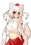  animal_ears bare_shoulders blush commentary_request crop_top crop_top_overhang detached_sleeves embarrassed hat hip_vent inubashiri_momiji japanese_clothes looking_at_viewer navel red_eyes short_hair simple_background solo tail tears tokin_hat touhou white_background white_hair wide_sleeves wolf_ears wolf_tail yanagi_yuu 