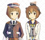  1girl androgynous bangs binoculars brown_eyes brown_hair crossover hat kantai_collection maeda_toushirou military military_uniform necktie nemuricha polka_dot polka_dot_background sailor_collar smile touken_ranbu uniform yukikaze_(kantai_collection) 