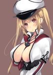  anchor between_breasts black_gloves blonde_hair blush breast_hold breasts cosplay covered_nipples gloves graf_zeppelin_(kantai_collection) graf_zeppelin_(kantai_collection)_(cosplay) hat head_tilt highres iron_cross jewelry kantai_collection large_breasts long_hair long_sleeves military military_uniform murasame_(kantai_collection) necklace necktie necktie_between_breasts open_clothes peaked_cap pendant purunyara red_background red_eyes red_neckwear simple_background sleeves_folded_up solo twintails uniform wavy_mouth 