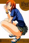  bangle bracelet brown_eyes cover cover_page doujinshi high_heels highres isao jewelry legs log_pose long_legs nail_polish nami_(one_piece) necktie one_piece open_mouth orange_hair sandals shoes short_hair skirt solo squatting tattoo thighs toenail_polish 
