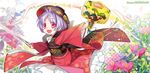  artist_name blush bowl flower holding_needle japanese_clothes kimono long_sleeves looking_at_viewer miracle_mallet needle obi object_on_head open_mouth outstretched_arms purple_hair red_eyes ribbon sash short_hair smile solo sukuna_shinmyoumaru t_unchiku touhou wide_sleeves 