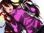  ^_^ brown_hair closed_eyes crossover happy idolmaster idolmaster_cinderella_girls isuna jacket kabuto_zecter kamen_rider kamen_rider_kabuto kamen_rider_kabuto_(series) rider_belt shimamura_uzuki track_jacket 