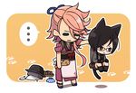  2boys animal_ears black_hair black_legwear blue_eyes bowl cat_ears cat_tail chibi glasses green_eyes heterochromia japanese_clothes male_focus multiple_boys nomuo_(shiromi) pink_hair purple_eyes rice shorts souza_samonji spoken_ellipsis suspenders tail touken_ranbu yagen_toushirou 