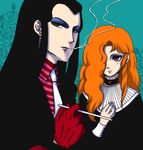  androgynous aqua_background black_hair cigarette earrings eyeshadow floral_background formal gloves hair_over_one_eye jack_barbarosa_bancoran jewelry kao long_hair makeup maraich_juschenfe multiple_boys official_style orange_hair otoko_no_ko patalliro! red_gloves smoke smoking stud_earrings suit upper_body victorian 