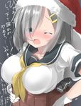  bag blue_eyes blush breasts chimney commentary_request gloves grey_background hair_ornament hair_over_one_eye hairclip hamakaze_(kantai_collection) hat highres kantai_collection large_breasts looking_at_viewer one_eye_closed open_mouth partially_translated pentagon_(railgun_ky1206) sack santa_hat school_uniform serafuku short_hair short_sleeves silver_hair simple_background solo stuck tears translation_request uniform upper_body white_gloves 