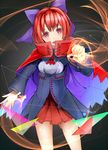  ass_visible_through_thighs bad_id bad_pixiv_id bow cape cowboy_shot cravat framed_breasts glowing glowing_hand grey_background hair_bow hand_up head_tilt long_sleeves looking_at_viewer microskirt open_mouth radiosity_(yousei) red_eyes red_hair sekibanki short_hair skirt solo touhou 