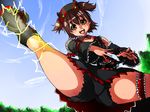  akagi_miria bloomers crossover dark_kabuto_zecter electricity idolmaster idolmaster_cinderella_girls isuna kamen_rider kamen_rider_dark_kabuto kamen_rider_kabuto_(series) leg_up parody rider_belt rider_kick smile solo underwear upskirt 