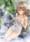  arm_support bathing blush breasts cleavage collarbone commentary_request covering from_above impossible_towel light_brown_hair long_hair looking_at_viewer medium_breasts naked_towel nude_cover onsen original see-through sitting solo steam stone stone_floor towel wading water wet wet_hair white_towel yellow_eyes yoropa 