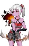  arrow bad_id bad_pixiv_id bare_shoulders beads black_gloves black_sclera black_skirt bow_(weapon) breasts cleavage collarbone contrapposto crusaders_quest demona_(crusaders_quest) elbow_gloves expressionless fiery_bow fire flame gloves hair_ornament highres medium_breasts pink_skin pointy_ears ponytail red_eyes short_hair silver_hair simple_background sinseongmodogi skirt slit_pupils solo standing stomach strapless tattoo weapon white_background 