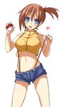  :d bare_shoulders blue_eyes blush breasts brown_hair commentary_request contrapposto crop_top crop_top_overhang cutoffs heart kasumi_(pokemon) large_breasts looking_at_viewer midriff navel open_mouth poke_ball poke_ball_(generic) pokemon pokemon_(anime) pokemon_(classic_anime) shiny shiny_skin short_hair short_shorts shorts side_ponytail simple_background sleeveless smile solo standing suspenders suspenders_pull white_background yanagi_yuu 