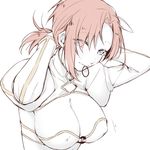  adjusting_hair blue_eyes boudica_(fate/grand_order) breasts citron_82 cleavage fate/grand_order fate_(series) hair_tie hair_tie_in_mouth juliet_sleeves large_breasts long_sleeves mouth_hold ponytail puffy_sleeves red_hair shrug_(clothing) simple_background solo tying_hair upper_body white_background 
