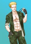  abs blonde_hair blue_background blue_eyes eyewear_removed gloves holding holding_eyewear jacket jewelry male_focus matis_(pokemon) meishou_kakutei military military_uniform muscle necklace open_clothes open_jacket pokemon pokemon_(game) shirtless solo sunglasses undressing uniform 