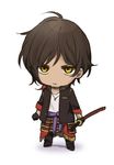  armor black_gloves brown_hair chibi gloves japanese_armor katana male_focus nomuo_(shiromi) ookurikara solo sword touken_ranbu weapon yellow_eyes 