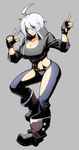  abs ahoge angel_(kof) black_panties blue_eyes boots breasts chaps cleavage cowboy_boots cropped_jacket full_body high_collar large_breasts panties piko_(osso) pose short_hair silver_hair solo the_king_of_fighters underwear 