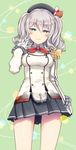  black_skirt blue_eyes blush breasts gloves green_background hat kantai_collection kashima_(kantai_collection) large_breasts looking_at_viewer military military_uniform miniskirt pleated_skirt short_hair silver_hair skirt smile solo tobade_(tbdfactory) twintails uniform white_gloves 