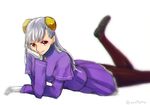  bad_id bad_pixiv_id breasts brown_legwear capcom_fighting_jam capelet chin_rest flats frogcage gloves hairpods ingrid long_hair looking_at_viewer lying on_stomach pantyhose red_eyes silver_hair skirt skirt_set small_breasts smile solo twitter_username white_gloves 