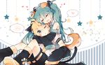  1girl :d ;&lt; animal_ears bare_shoulders black_shorts blonde_hair blue_eyes blush boots cat_ears cat_tail closed_eyes commentary_request detached_sleeves dog_ears dog_tail fang fuuko_(2679566944) green_hair hair_ornament hatsune_miku heart hug hug_from_behind kagamine_len kemonomimi_mode long_hair messy_hair necktie one_eye_closed open_mouth paw_print short_hair short_sleeves shorts sitting skirt smile spoken_blush spoken_heart star tail thigh_boots thighhighs twintails very_long_hair vocaloid 