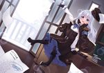  balcony blue_eyes book boots desk gloves highres kuuki_shoujo long_hair long_sleeves looking_at_viewer on_desk open_door open_mouth pantyhose paper petticoat shirt sitting sitting_on_desk skirt smile solo the_personification_of_atmosphere uniform white_hair yaguo 
