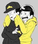  armband bad_id bad_twitter_id black_hair bowl_cut cheek_squash crossed_arms dual_persona grey_background hood hoodie looking_at_another male_focus matsuno_juushimatsu multiple_boys open_mouth osomatsu-kun osomatsu-san simple_background sleeves_past_wrists smile spot_color uniform uoya upper_body 