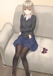  bad_id bad_pixiv_id bangs banned_artist black_legwear black_sweater blonde_hair blue_skirt blush bow bowtie bowtie_removed collared_shirt couch diagonal_stripes eyebrows_visible_through_hair highres indoors long_sleeves looking_at_viewer minagiku original pantyhose pleated_skirt shirt sitting skirt slippers solo striped striped_bow striped_neckwear sweater unbuttoned undressing uniform yellow_eyes 