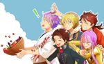  5boys ^_^ basket blonde_hair blue_eyes brown_hair closed_eyes cucumber earrings eggplant gold_armor grin hachisuka_kotetsu hood jewelry kasen_kanesada kashuu_kiyomitsu male_focus mole mole_under_mouth multiple_boys mutsu-no-kami_yoshiyuki nemuricha open_mouth ponytail purple_hair scarf smile tomato touken_ranbu yamanbagiri_kunihiro 