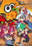  4girls :p bike_shorts blue_eyes blue_hair brick_wall carrying crossed_arms domino_mask graffiti green_eyes green_hair hand_in_pocket human_tower inkling jacket letterman_jacket looking_down looking_up mary_janes mask multiple_girls octarian octoling orange_eyes orange_hair paintbrush pink_shirt pointy_ears polo_shirt pout purple_hair shirt shoes shoulder_carry sidelocks sneakers splatoon_(series) splatoon_1 splattershot_(splatoon) stacking tentacle_hair tongue tongue_out wong_ying_chee 