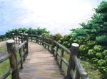  fence fir_tree grass handrail no_humans ocean original plant ryogo scenery stairs stairwell sunlight tree water 