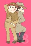  ;p arm_behind_head back-to-back bad_id bad_pixiv_id black_hair brothers capelet deerstalker detective fedora gloves hands_on_hips hat male_focus matsuno_choromatsu matsuno_osomatsu multiple_boys one_eye_closed osomatsu-kun osomatsu-san pink_background siblings simple_background smile tongue tongue_out trench_coat white_gloves yukota_2631 