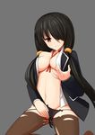  absurdres bad_id bad_pixiv_id between_breasts black_hair black_panties breasts brown_eyes brown_legwear collarbone cum date_a_live fedsnk fingering highres large_breasts long_hair long_sleeves looking_at_viewer neck_ribbon no_bra open_clothes open_shirt panties pantyhose parted_lips ribbon saliva shirt solo tokisaki_kurumi torn_clothes torn_legwear underwear undressing 